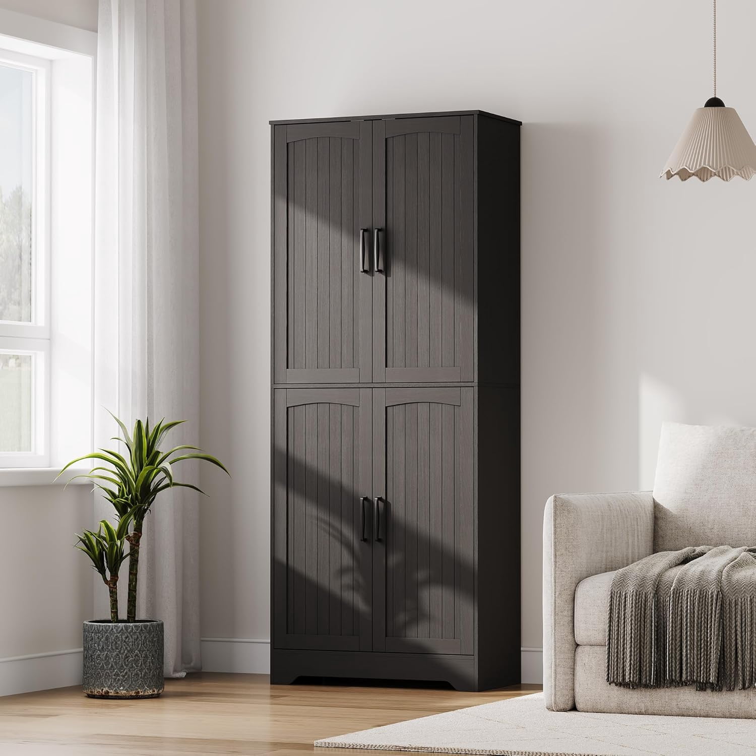 71" Tall Farmhouse Kitchen Pantry Cabinet – Freestanding Wooden Storage Cabinet with 4 Doors & Adjustable Shelves, Dining or Living Room Furniture, Black