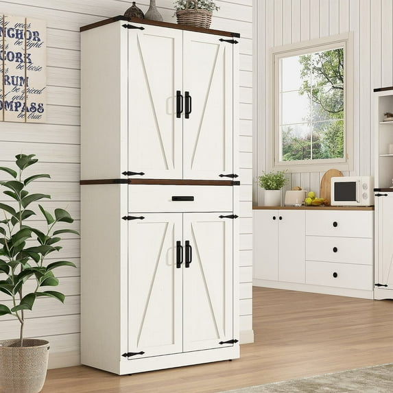 72" Tall Farmhouse Kitchen Pantry Cabinet w/1 Drawer & 4 Roomy Storage Shelves, Versatile Wood Storage Cabinet with 4 Barn Door & Adjustable Shelves & for Dining Room Bathroom Utility Room