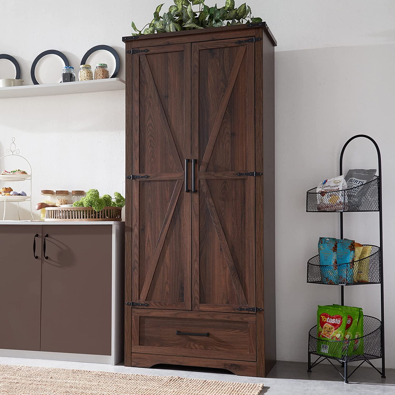 Farmhouse Kitchen Pantry 72" Tall Wood Kitchen Storage