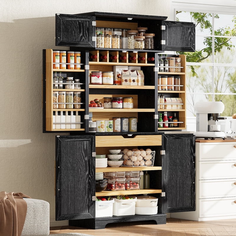Farmhouse Kitchen Pantry Cabinet with 8 Door Shelves, 72''H Tall Kitchen Storage Cabinet with 4 Adjustable Shelves & Hidden Drawer, Versatile Cupboard with Wine Rack