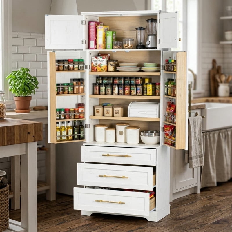 Farmhouse Kitchen Pantry Cabinet with 8 Door Shelves, Versatile Cupboard with 3 Drawers, 78.2'' Tall Kitchen Storage Cabinet with 3 Adjustable Shelves