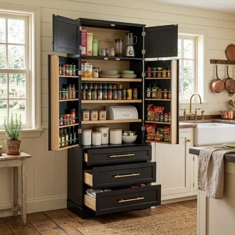 Farmhouse Kitchen Pantry Cabinet with 8 Door Shelves, Versatile Cupboard with 3 Drawers, 78.2'' Tall Kitchen Storage Cabinet with 3 Adjustable Shelves
