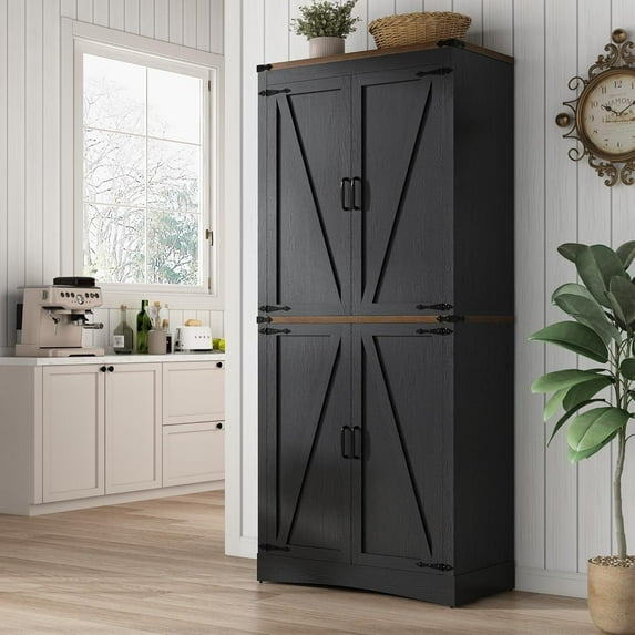 Farmhouse Kitchen Pantry Cabinet, Tall Storage Cabinet with Doors and Adjustable Shelves, with Load-Bearing Steel Pipe, Wood Storage Cabinets for Kitchen, Dining Room, Bathroom