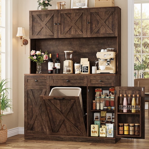 Farmhouse Kitchen Pantry Cabinet with Trash Can Storage, 47" Extra Wide Kitchen Hutch with Power Outlet, Tall Coffee Bar Station with 3 Drawers & Spice Racks