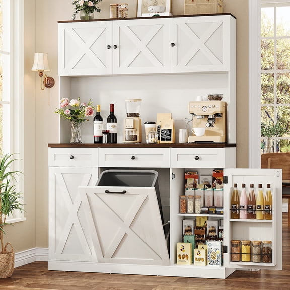 Farmhouse Kitchen Pantry Cabinet with Trash Can Storage, 47" Extra Wide Kitchen Hutch with Power Outlet, Tall Coffee Bar Station with 3 Drawers & Spice Racks