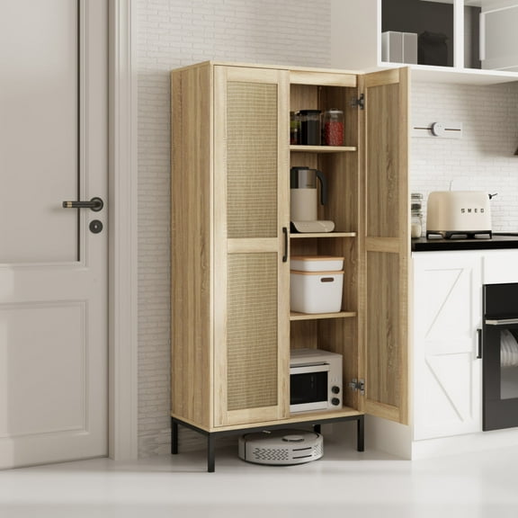BOCVKENN Farmhouse Kitchen Pantry Cabinet with 3 AdjustableShelves, Rattan Doors, Freestanding Design for Dining Room& Living Room Furniture Organizer