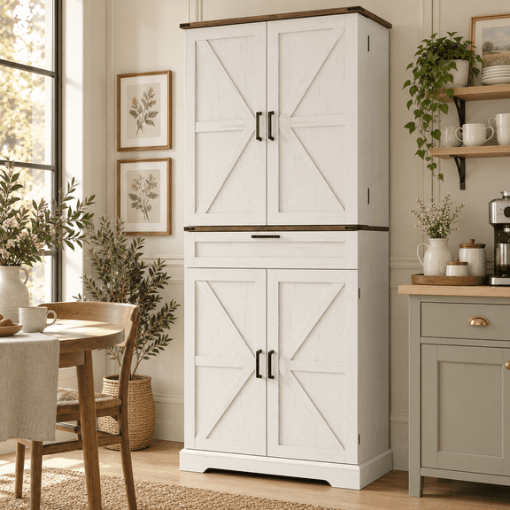 Farmhouse Kitchen Pantry Storage Cabinet, Rustic Storage Cabinet with Drawer and Barn Doors, Freestanding Pantry for Kitchen, Bathroom, Dining Room