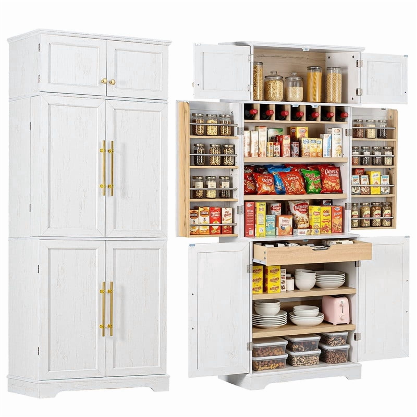 Farmhouse Kitchen Pantry with Drawers, Sideboard Storage Cabinet with Adjustable Shelves, Freestanding Versatile Cupboard