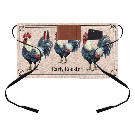 Farmhouse Kitchen Restaurant Half Waist Apron, Early Rooster Animals Pink Floral Retro Border Linen Server Short Apron with 3 Pockets Waterproof Oil Waist Aprons for Women Waitress Waiter
