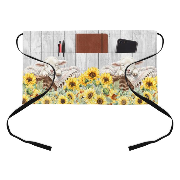 Farmhouse Kitchen Restaurant Half Waist Apron, Farm Animals Cute Sheep Sunflower Wood Grain Server Short Apron with 3 Pockets Waterproof Oil Waist Aprons for Women Waitress Waiter