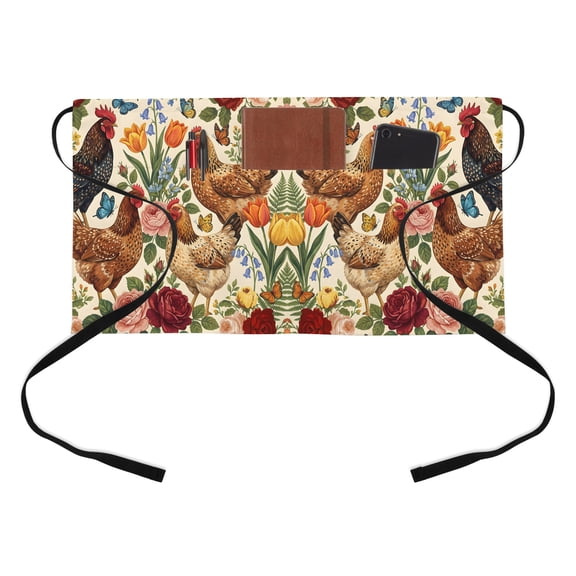 Farmhouse Kitchen Restaurant Half Waist Apron, Watercolor Hen Chicken Spring Florals Farm Butterfly Server Short Apron with 3 Pockets Waterproof Oil Waist Aprons for Women Waitress Waiter