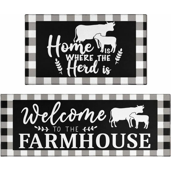 Farmhouse Kitchen Rug and Mats Non-Slip Washable Anti-Fatigue Kitchen Mats 2-Pc Black Buffalo Plaid Kitchen Rug Floor Comfort Mats for Kitchen Sink Front Two-Piece Set, Black 17x30+17x47 Inch
