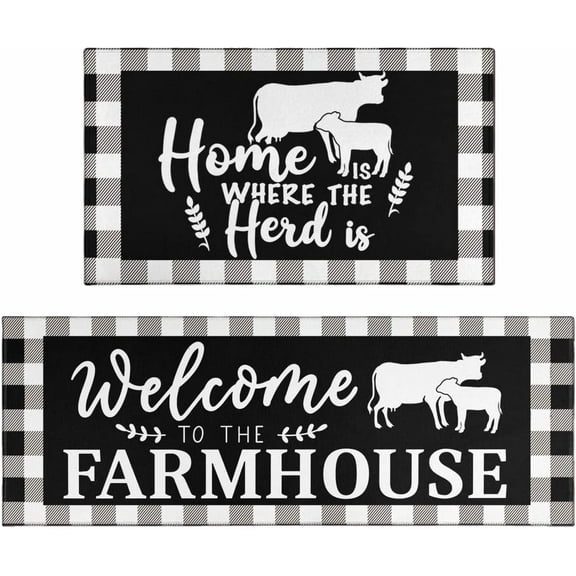 Farmhouse Kitchen Rug and Mats Non-Slip Washable Anti-Fatigue Kitchen Mats 2-Pc Black Buffalo Plaid Kitchen Rug Floor Comfort Mats for Kitchen Sink Front Two-Piece Set, Black 17x30+17x47 Inch