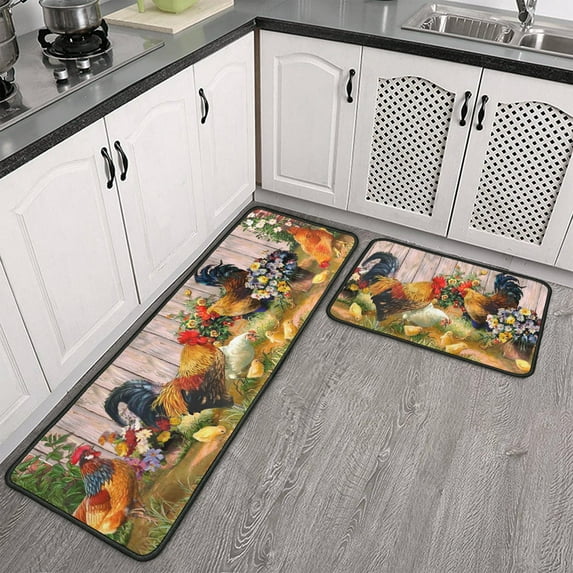 Farmhouse Kitchen Rug Set of 2, Rooster Theme, Anti-Fatigue, Non-Skid, Waterproof, Vintage Runner Rug, Comfort Mat for Kitchen Home, Sized 17x30 Inches and 17x47 Inches.