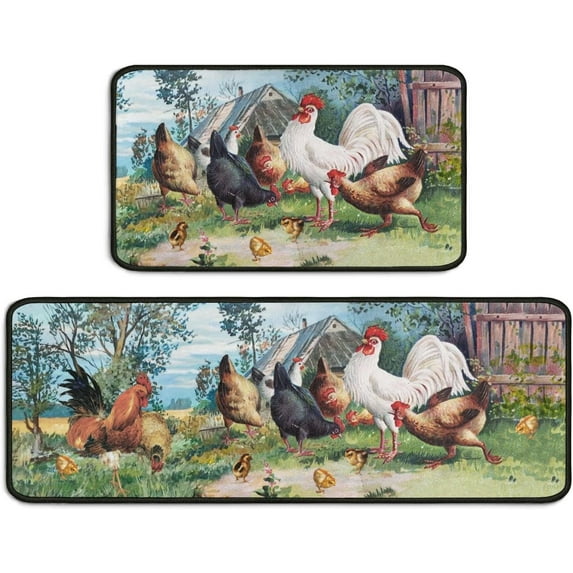 Farmhouse Kitchen Rug Set of 2, Vintage Farm Rooster Non-Slip Washable Mat, Farmhouse Kitchen Decor Anti-Fatigue Rug for Kitchen Sink Laundry Room, 17x30+17x47 Inch
