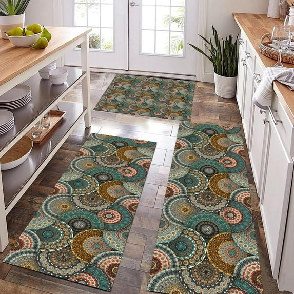 Farmhouse Kitchen Rug Set 3 Piece with Runner Soft Kitchen Floor Mat Colorful Mandala Rugs Absorbent Bath Mat Kitchen Carpets and Rugs Non Slip Washable for Bathroom Entryway Front Door Laundry