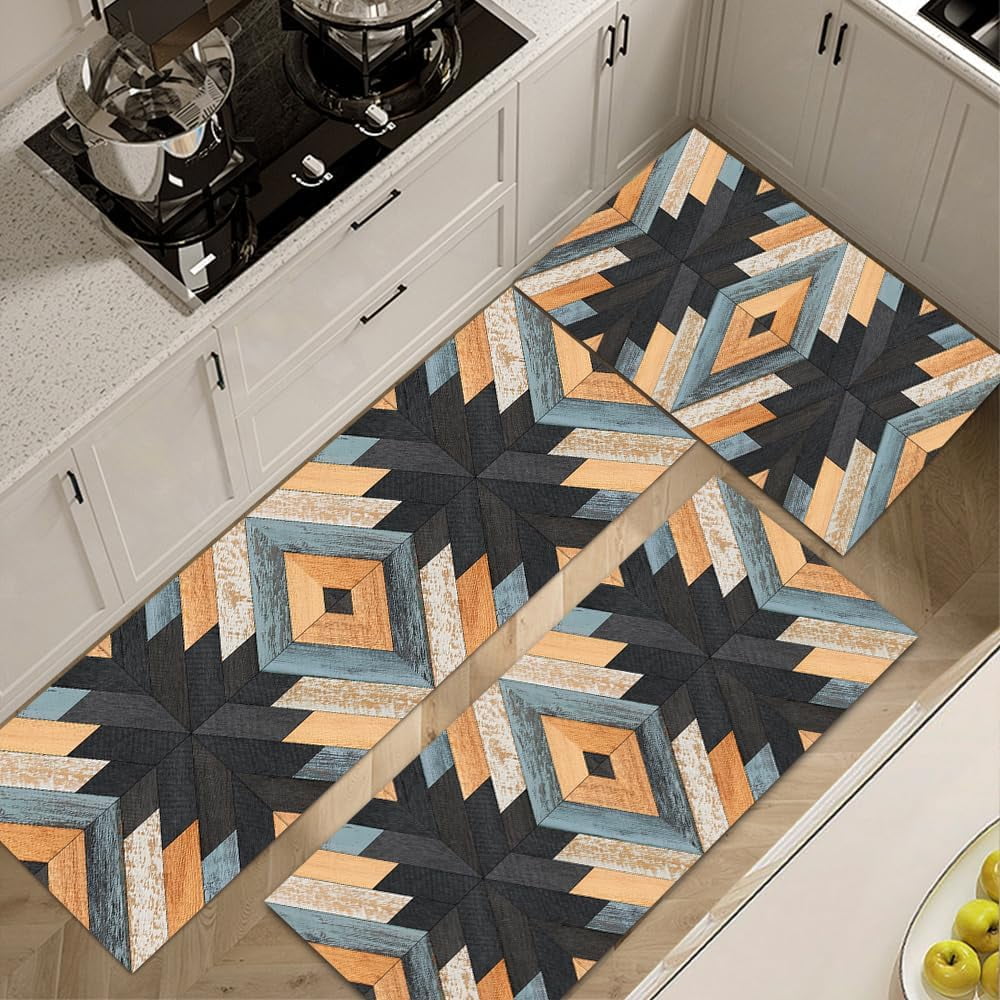 Farmhouse Kitchen Rug Sets 3 Piece,Black Blue Diamond Rugs Non Slip ...