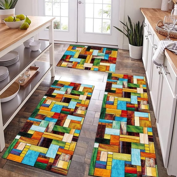 Farmhouse Kitchen Rug Sets 3 Piece,Blue Brown Red Non Slip Kitchen Rugs and Mats Set,Boho Patchwork Rugs for Floor Washable Kitchen Floor Rugs for Hallway Laundry Room 20x32+20x47+20x59 Inch
