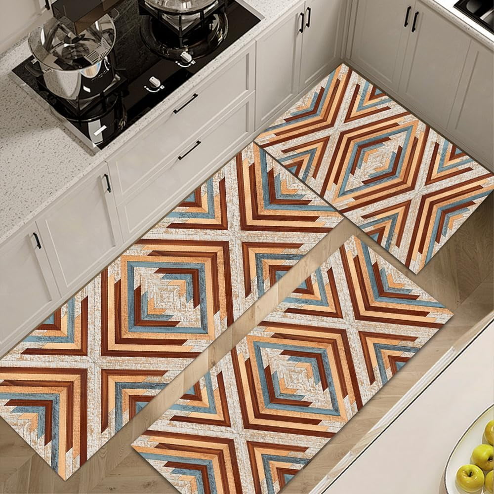 Farmhouse Kitchen Rug Sets 3 Piece,Brown Teal Blue Non Slip Kitchen ...