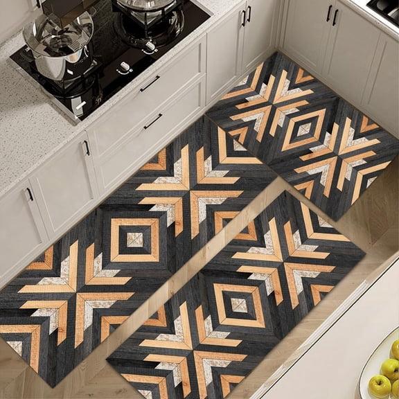 Farmhouse Kitchen Rug Sets 3 Piece,Orange Black Gray Non Slip Kitchen Rugs and Mats Set,Boho Geometric Rugs for Floor Washable Kitchen Floor Rugs for Hallway Laundry Room 20x32+20x47+20x59 Inch