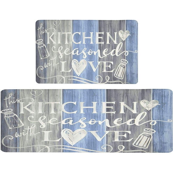 Farmhouse Kitchen Rugs 2/5 Inch Thick Anti Fatigue Cushioned Kitchen Mat Rustic Blue Non-Slip Waterproof Kitchen Floor Mats Comfort Standing Mat Carpets for Home Kitchen Decor,17.3x28+17.3x47 inch