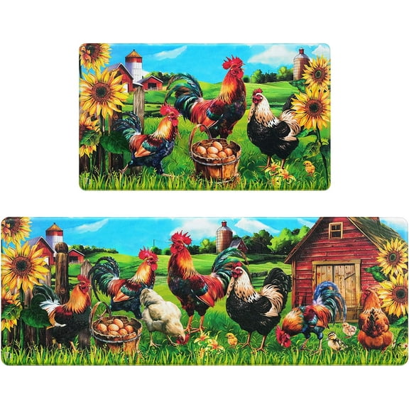 Farmhouse Kitchen Rugs [2 PCS] Anti-Fatigue Kitchen Mats for Floor Sunflower Farm Rooster Kitchen Rugs Non-Slip Washable Waterproof Cushioned Mat for Home/Office/Sink, 18''''x30''''+18''''x48''''
