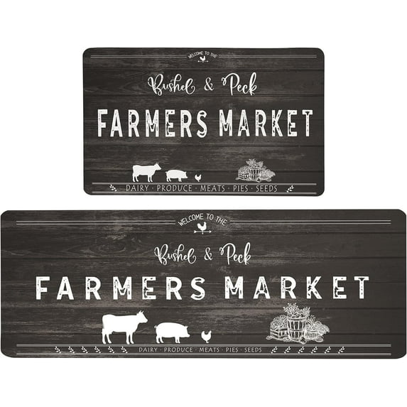 Farmhouse Kitchen Rugs 2 Pieces Cow Rustic Farm Decor Anti-Fatigue Kitchen Mat Non-Slip Comfort Standing Kitchen Rugs and Mats Set for Kitchen Sink Office Laundry, 17.3x28+17.3x47 Black