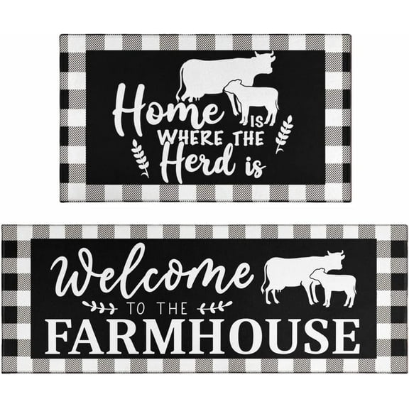 Farmhouse Kitchen Rugs Black Buffalo Plaid Kitchen Rug Floor Comfort Mats Home Floor Rug Non Slip Kitchen Runner Rug， Indoor/Outdoor Floor Mat for Home Kitchen Entrance Door Mat 17x30+17x47inch