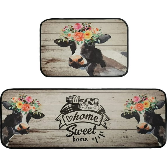 Farmhouse Kitchen Rugs Bull''s Head Flower Kitchen Mat Home Sweet Home Cow Floor Rug Non Slip Kitchen Runner Rug Throw Rugs Indoor/Outdoor Floor Mat for Home Kitchen Entrance Door Mat 17x30+17x47inch