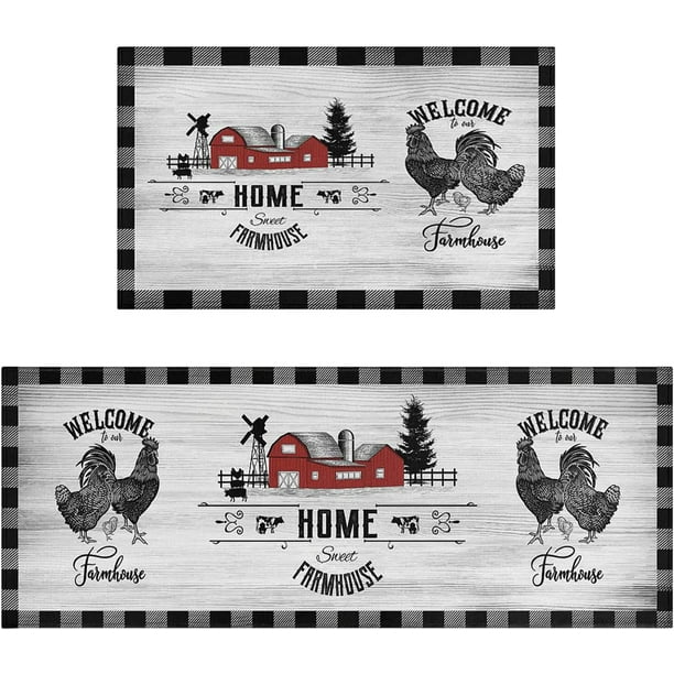 Farmhouse Kitchen Rugs Mat Set of 2 Black and White Buffalo Plaid