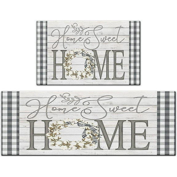 Farmhouse Kitchen Rugs and Mats 2 PCS Anti Fatigue Gray White Kitchen Floor Mats Non Slip 2/5 Inch Grey Buffalo Plaid Kitchen Rugs Comfort Standing Mats for Kitchen, Sink, Office, 17"x28"+17"x47"