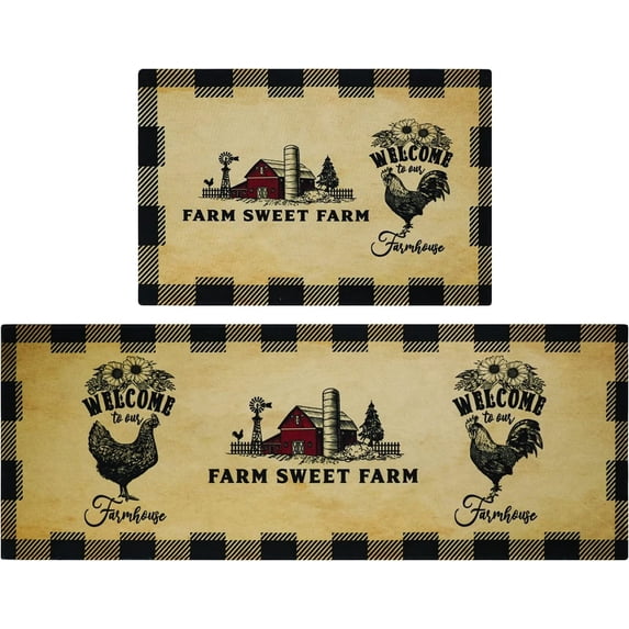 Farmhouse Kitchen Rugs and Mats 2 Pieces, Rooster Kitchen Decor, Buffalo Plaid Sunflowers Anti Fatigue Non Slip Kitchen Mat Farm House Runner for Kitchen, Laundry 17x24+17x48inch