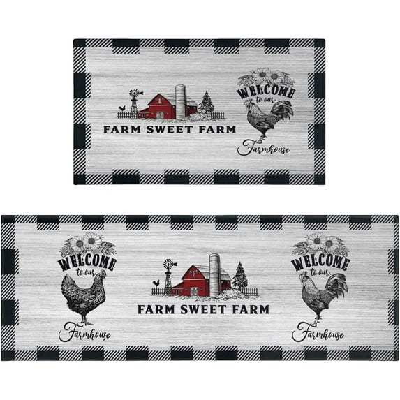 Farmhouse Kitchen Rugs and Mats 2 Pieces, Rooster Decor, Buffalo Plaid Sunflowers Anti Fatigue Non Slip Mat Farm House Runner for Kitchen, Laundry 17x30+17x47inch Grey