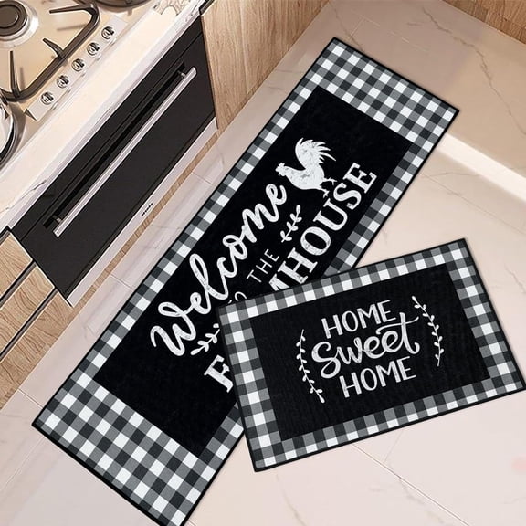 Farmhouse Kitchen Rugs and Mats Non Skid Washable Set of 2, Buffalo Grid Kitchen Mats for Floor, Rooster Sweet Home Kitchen Runner Rug, Black White Kitchen Decor