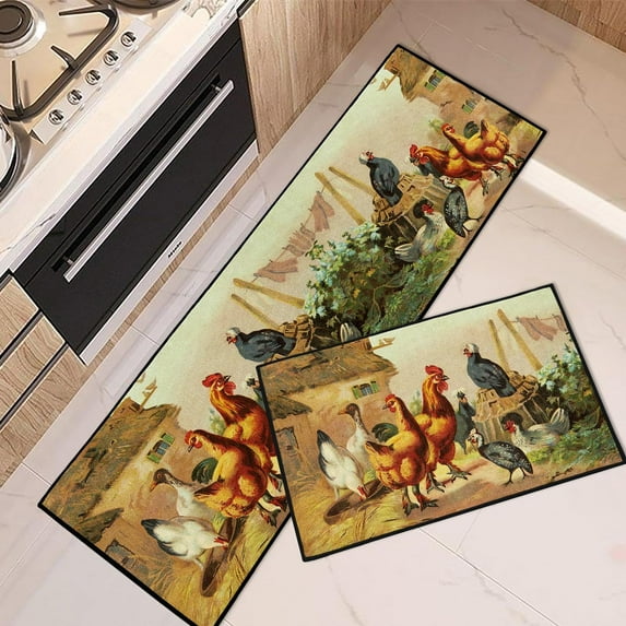 Farmhouse Kitchen Rugs and Mats Non Skid Washable Set of 2, Vintage Rooster Kitchen Mats for Floor, Country Farm Kitchen Runner Rug, Rustic Kitchen Decor