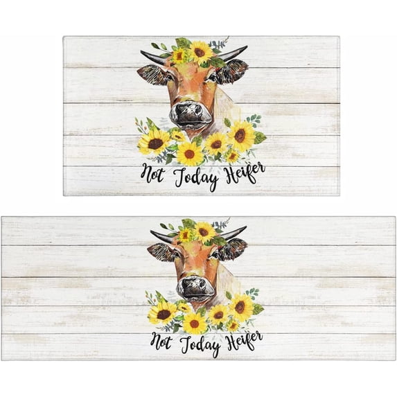Farmhouse Kitchen Rugs and Mats Non-Slip Washable Anti-Fatigue Kitchen Mats 2 Pieces, Cow Kitchen Rug Floor Comfort Mats for Kitchen Sink Front Two Piece, Wood Grain Colors 17x30+17x47 Inches