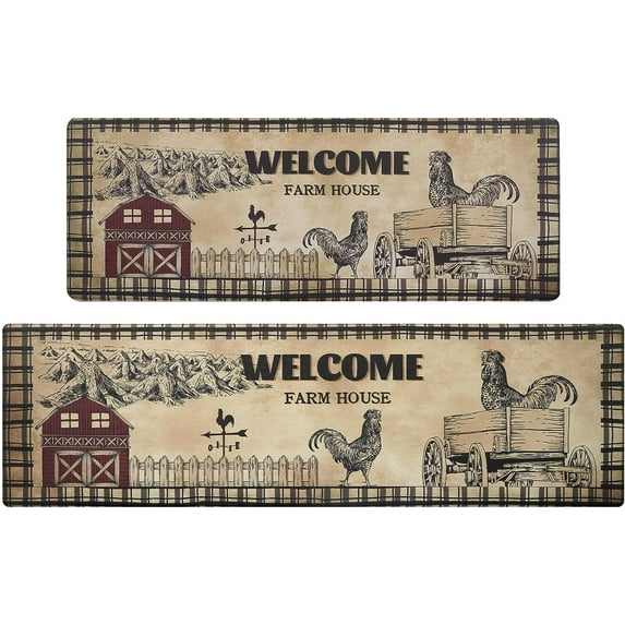 Farmhouse Kitchen Rugs and Mats Set of 2, Cushioned Anti Fatigue Kitchen Mat 2 Pcs Washable, Rooster Waterproof Standing Kitchen Floor Mat for Sink Office Laundry, 18"x 48"+ 18" x 60"