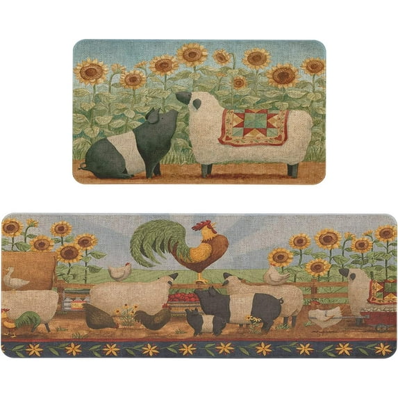Farmhouse Kitchen Rugs and Mats Set of 2, Farm Animal Rooster Kitchen Mat Carpet Non-Slip Washable Kitchen Mat for Kitchen Home Decor - 17x29 and 17x47 Inch