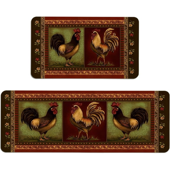 Farmhouse Kitchen Rugs and Mats Set of 2, Farm Rooster Kitchen Mat, Seasonal Holiday Cooking Sets Washable Non-Slip Floor Mats for Home Kitchen Decor - 17x29 and 17x47 Inch