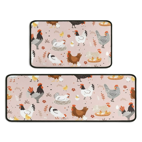 Farmhouse Kitchen Rugs and Mats Set Of 2 - Rooster Kitchen Mat Washable Chicken Kitchen Decor - Non-Slip Floor Mats for Home Kitchen Decor - 17x30 and 17x47 Inch