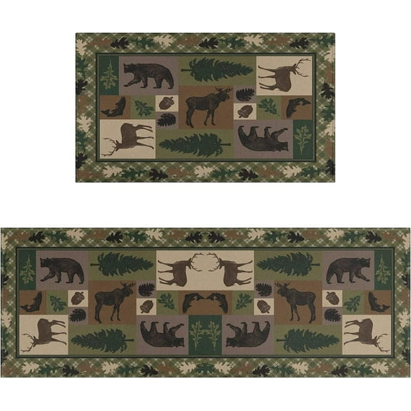Farmhouse Kitchen Rugs and Mats Set of 2 Rustic Lodge Bear Kitchen Rugs Non Slip Super Absorbent Kitchen Mat for Sink Waterproof Runner Rug for Laundry Room 17"x 48"+17x30