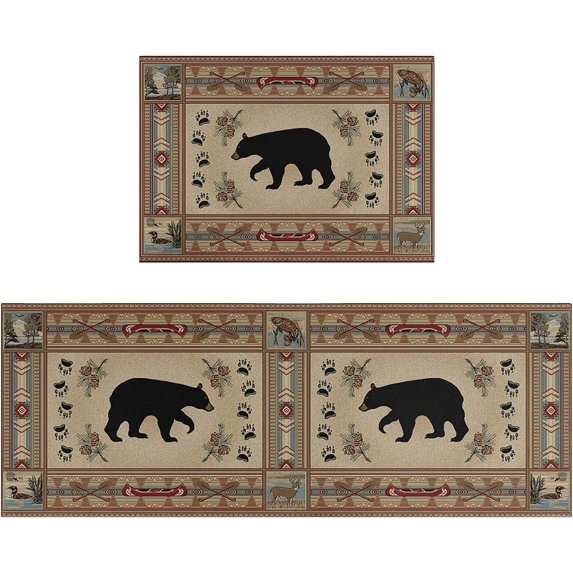 Farmhouse Kitchen Rugs and Mats Set of 2 Rustic Lodge Bear Kitchen Rugs Non Slip Super Absorbent Kitchen Mat for Sink Waterproof Runner Rug for Laundry Room 17"x 48"+17x24