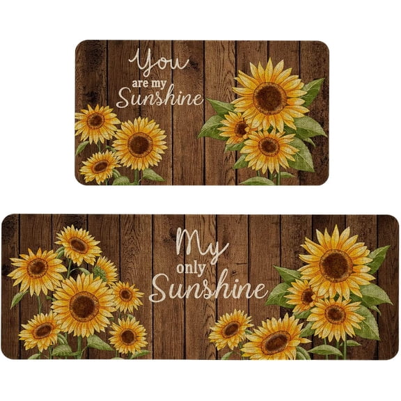 Farmhouse Kitchen Rugs and Mats Set of 2, Sunflower Kitchen Mat, Seasonal Holiday Cooking Sets Low-Profile Non-Slip Floor Mats for Home Kitchen Decor - 17x29 and 17x47 Inch