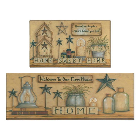 Farmhouse Kitchen Rugs and Mats Set of 2, Welcome to The Farm Rooster Kitchen Mat, Seasonal Holiday Cooking Sets Washable Non-Slip Floor Mats for Home Kitchen Decor - 17x29 and 17x47 Inch