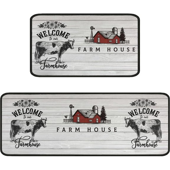 Farmhouse Kitchen Rugs and Mats Sets of 2,Farmhouse Cow Print Decoration Non-Slip Absorbent Mat for Sink Rubber Backing Waterproof Floor Mat for Laundry Room,17x30+17x48inch