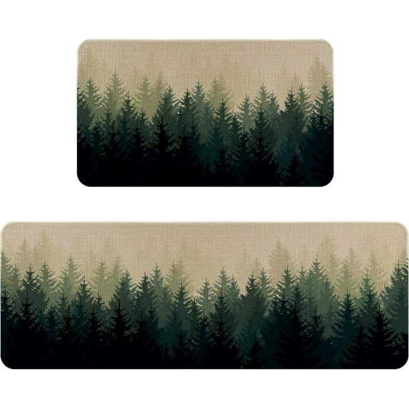 Farmhouse Kitchen Rugs and Mats Sets of 2,Misty Forest Nature Plant Tree Kitchen Mat for Floor, Green White Non-Slip Washable Kitchen Sink Mats Kitchen Decor Doormat+Runner Rug