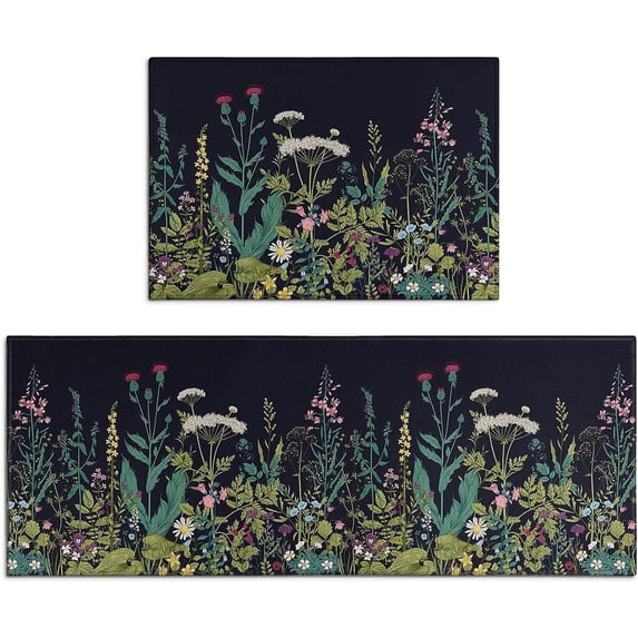Farmhouse Kitchen Rugs and Mats Sets of 2, Weeds Floral Kitchen Decoration Rubber Backing Non-Slip Mats for Sink Waterproof Floor Mat for Laundry Room,17x24+17x48inch