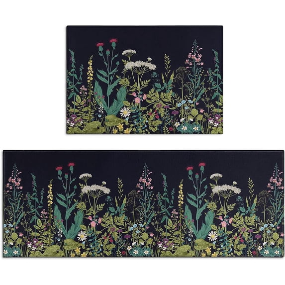 Farmhouse Kitchen Rugs and Mats Sets of 2, Weeds Floral Kitchen Decoration Rubber Backing Non-Slip Mats for Sink Waterproof Floor Mat for Laundry Room,17x24+17x48inch
