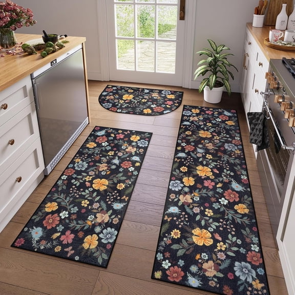 Farmhouse Kitchen Rugs Non Slip Washable, Black Floral Kitchen Mats for Floor 3 Piece Set, Half Circle Kitchen Runner Rug for Hallways Laundry Sink Entrance Office 20"x32"+20"x47"+20"x71"