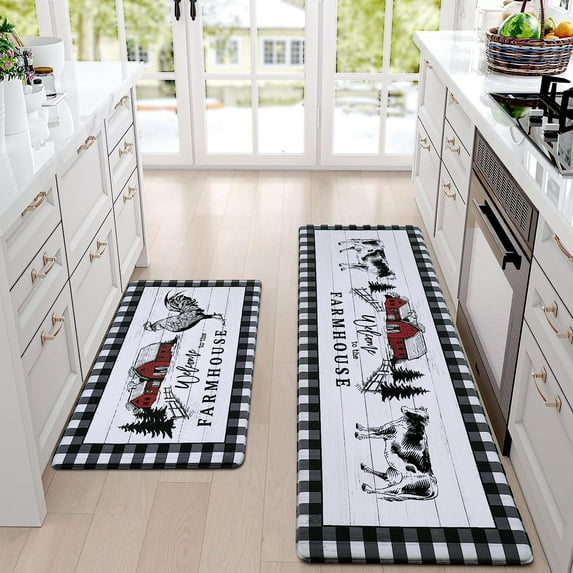 Farmhouse Kitchen Rugs Set 2 Piece Cushioned, Non-Skid Waterproof Kitchen Mats and Rugs Washable, Anti Fatigue Standing Kitchen Floor Mat for Sink Office Laundry, 18" x 48" + 18" x 30", Rooster